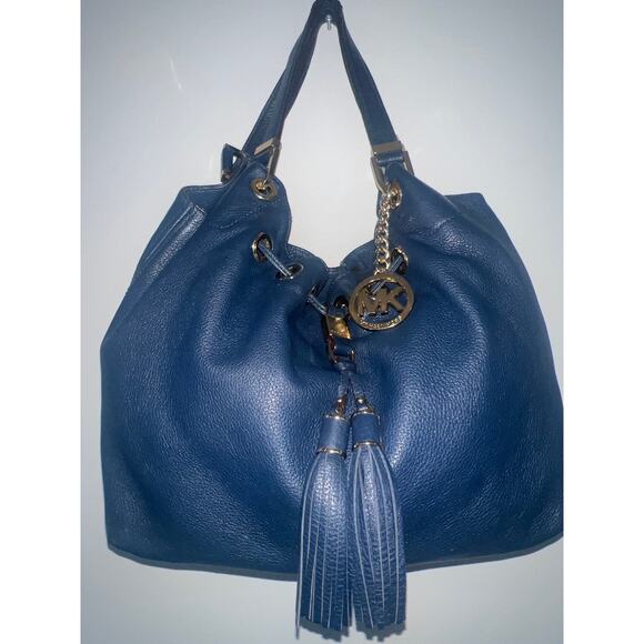 Michael Kors Navy Camden Blue Leather Drawstring Hobo Shoulder Bag Tassel - Picture 3 of 14